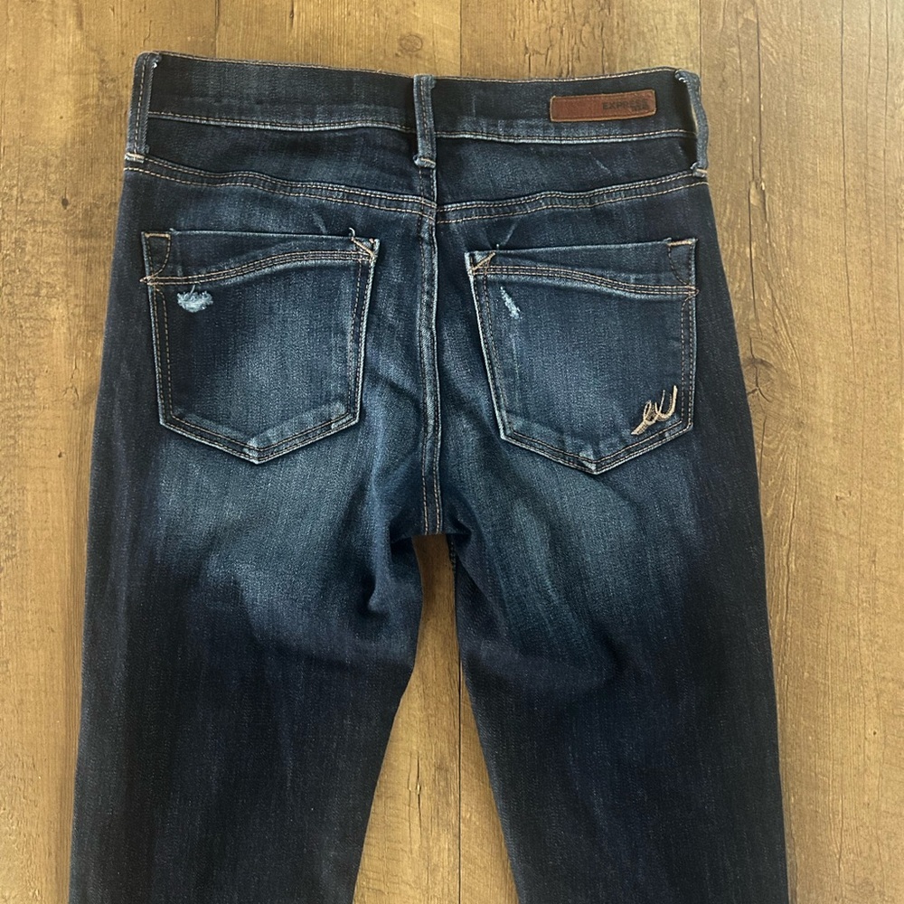 Express Distressed Skinny Jeans Dark Wash Mid Rise Stretch Denim Size 0R - Picture 8 of 10